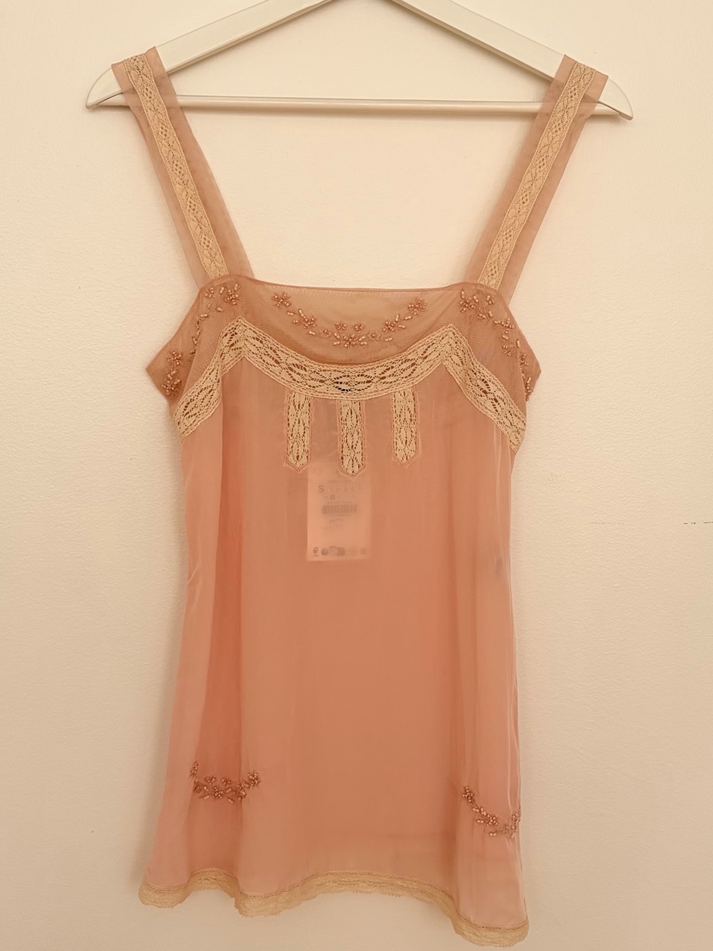 Zara BNWT Sheer Lace-Trim Beaded Peach Slip Top